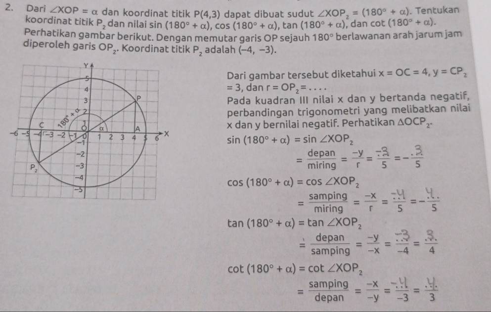 Dari ∠ XOP=alpha dan koordinat titik P(4,3) dapat dibuat sudut ∠ XOP_2=(180°+alpha ). Tentukan
koordinat titik P_2 dan nilai sin (180°+alpha ),cos (180°+alpha ),tan (180°+alpha ) , dan cot (180°+alpha ).
Perhatikan gambar berikut. Dengan memutar garis OP sejauh 180° berlawanan arah jarum jam
diperoleh garis OP_2. Koordinat titik P_2 adalah (-4,-3).
Dari gambar tersebut diketahui x=OC=4,y=CP_2
=3
, dan r=OP_2=...
Pada kuadran III nilai x dan y bertanda negatif,
perbandingan trigonometri yang melibatkan nilai
x dan y bernilai negatif. Perhatikan △ OCP_2^+
sin (180°+alpha )=sin ∠ XOP_2
= depan/miring = (-y)/r = (-3)/5 =- 3/5 
cos (180°+alpha )=cos ∠ XOP_2
= samping/miring = (-x)/r = (-y)/5 =- y/5 
tan (180°+alpha )=tan ∠ XOP_2
= depan/samping = (-y)/-x =frac (_-)^-3-4= (3.)/4 
cot (180°+alpha )=cot ∠ XOP_2
= samping/depan = (-x)/-y = (-y)/-3 = (...)/3 