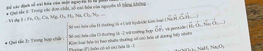 Để xác định số oxi hóa của một nguyễn tố la pha 
Qui tắc 1: Trong các đơn chất, số oxi hóa của nguyên tố bằng không . 
- Ví dụ 1 : Fe, O_2, Cu, Mg, O_3, H_2, Na, Cl_2, N_2,...
-1
Số oxi hóa của H thường 1a+1 trừ hydride kim loại ( Na H CaH_2,...) +2 -1
-1 +1=1
và peoxide 
Qui tắc 2: Trong hợp chất : Số oxi hóa của O thường là -2 trừ trường hợp beginarrayr +2-1 OF_2endarray b (H_2O_2,Na_2O_2,...)
Kim loại hóa trị bao nhiêu thường số oxi hóa sẽ dương bấy nhiêu 
Florine (F) luôn có số oxi hóa là -1 
wO_2)_2NaH, Na_2O_2