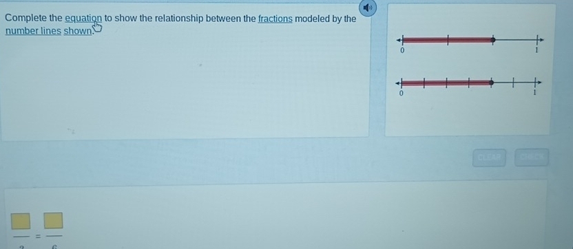 Complete the equation to show the relationship between the fractions modeled by the 
number lines shown.
frac □ =frac □ 