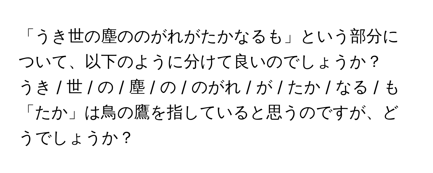 「うき世の塵ののがれがたかなるも」という部分について、以下のように分けて良いのでしょうか？  
うき / 世 / の / 塵 / の / のがれ / が / たか / なる / も  
「たか」は鳥の鷹を指していると思うのですが、どうでしょうか？