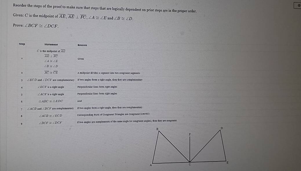 Reorder the steps of the proof to make sure that steps that are logically dependent on prior steps are in the proper order.
Given: C is the midpoint of overline AE, overline AE⊥ overline FC, ∠ A≌ ∠ E and ∠ B≌ ∠ D. 
Prove: ∠ BCF≌ ∠ DCF. 
Step Statement Reason
C is the midpoint overline AE
overline AE⊥ overline FC
1 Giva
∠ A≌ ∠ E
∠ D≌ ∠ D
1 overline AC≌ overline CE A midpoint divides a segment into two congruent segment
] ∠ ECD and ∠ DCF are complementary If two angles form a right angle, then they are complementary
4 ∠ ECF s a right angle Perpendicular lines form right angles
5 ∠ ACF is a right angle Perpendicular lines form right angles
6 △ ABC≌ △ EDC AAS
7 ∠ ACD and ∠ DCF are complementary If two angles form a right angle, then they are complementary
8 ∠ ACD≌ ∠ ECD Corresponding Parts of Congruent Triangles are Congruent (CPCTC)
9 ∠ DCF≌ ∠ DCF rf two angles are complements of the same angle (or congruent angles), then they are congreent