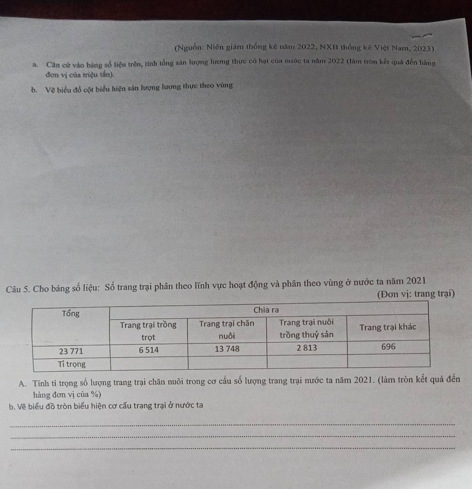 (Nguồn: Niên giám thống kê năm 2022, NXB thống kê Việt Nam, 2023) 
a. Căn cứ vào bảng số liệu trên, tính tổng sản lượng lương thực có hạt của nước ta năm 2022 (làm tròn kết quả đến hàng 
đơn vị của triệu tấn). 
b. Vẽ biểu đồ cột biểu hiện sản lượng lương thực theo vùng 
Câu 5. Cho bảng số liệu: Số trang trại phân theo lĩnh vực hoạt động và phân theo vùng ở nước ta năm 2021 
(Đơn vị: trang trại) 
A. Tính tỉ trọng số lượng trang trại chăn nuôi trong cơ cấu số lượng trang trại nước ta năm 2021. (làm tròn kết quả đến 
hàng đơn vị của %) 
b. Vẽ biểu đồ tròn biểu hiện cơ cấu trang trại ở nước ta 
_ 
_ 
_