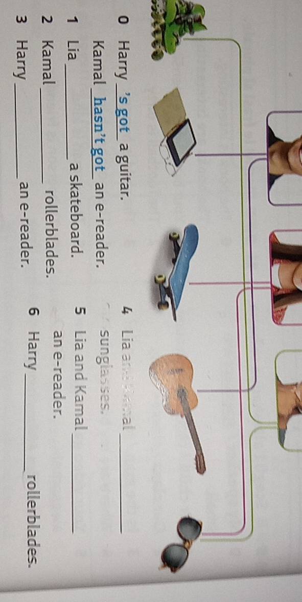 Harry _’s got_ a guitar. _ 
Kamal _hasn’t got_ an e-reader. sunglasses. 
1 Lia _a skateboard. 5 Lia and Kamal_ 
2 Kamal _rollerblades. an e-reader. 
3 Harry _an e-reader. 6 Harry_ 
rollerblades.