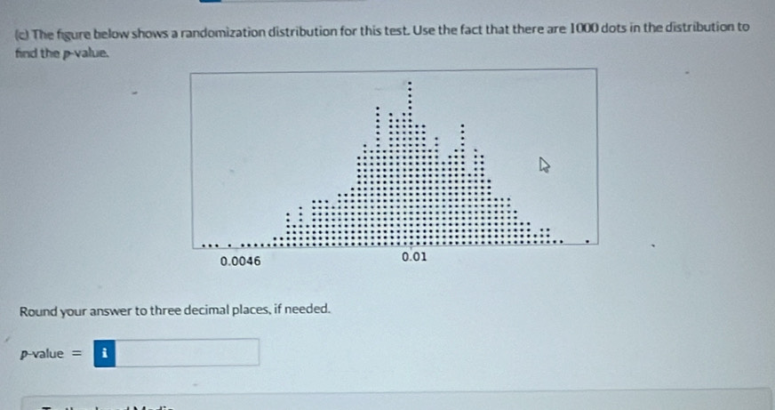 The figure below shows a randomization distribution for this test. Use the fact that there are 1000 dots in the distribution to 
find the p -value. 
Round your answer to three decimal places, if needed.
p-value = i | 0..8 □ 