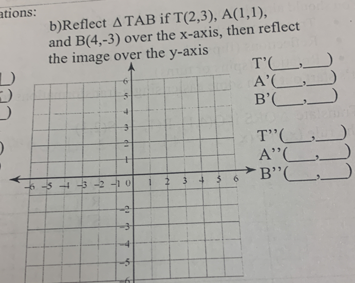 ations:
b)Reflect △ TAB if T(2,3),A(1,1),
and B(4,-3) over the x-axis, then reflect
the image over the y-axis
_,._
_)
_ ,_ )
_)
_ ,_ )
_)
_ ,._ )
A'' _,._
B'' _,_ )