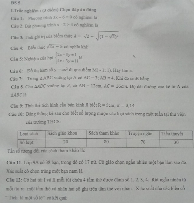 DS 5
I.Trắc nghiệm : (3 điểm) Chọn đáp án đúng
Câu 1: Phương trình 3x-6=0 có nghiệm là
Câu 2: Bất phương trình x-2>4 có nghiêm là
Câu 3: Tính giá trị của biểm thức A=sqrt(2)-sqrt((1-sqrt 2))^2
Câu 4: Biểu thức sqrt(2x-5) có nghĩa khi:
Câu 5: Nghiệm của hpt beginarrayl 2x-3y=1 4x+3y=11endarray. là
Câu 6: Đồ thị hàm số y=ax^2 đi qua điểm M(-1;1). Hãy tima
Câu 7: Trong △ ABC vuông tại A có AC=3;AB=4. Khi đó sinB bằng
Câu 8. Cho △ ABC vuông tại A, có AB=12cm,AC=16cm.  Độ dài đường cao kẻ từ A của
△ ABC là
Câu 9: Tính thể tích hình cầu bán kính R biết R=5cm;π =3,14
Câu 10: Bảng thống kê sau cho biết số lượng mượn các loại sách trong một tuần tại thư viện
của trường THCS:
Tần số tương đổi của sách tham khảo là
Câu 11. Lớp 9A có 38 bạn, trong đó có 17 nữ. Cô giáo chọn ngẫu nhiên một bạn làm sao đỏ.
Xác suất cô chọn trúng một bạn nam là
Câu 12: Có hai túi I và II mỗi túi chứa 4 tấm thẻ được đánh số 1, 2, 3, 4. Rút ngẫu nhiên từ
mỗi túi ra một tấm thẻ và nhân hai số ghi trên tấm thẻ với nhau. X ác suất của các biến cố
“ Tích là một số lẻ” có kết quả: