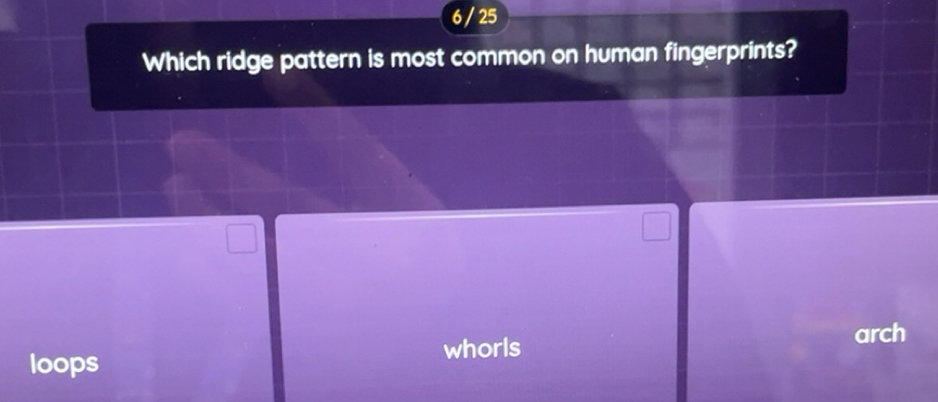 Solved: 6 / 25 Which ridge pattern is most common on human fingerprints ...