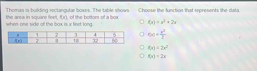 Thomas is building rectangular boxes. The table shows Choose the function that represents the data.
the area in square feet, f(x) , of the bottom of a box
when one side of the box is x feet long.
f(x)=x^2+2x
f(x)= x^2/2 
f(x)=2x^2
f(x)=2x