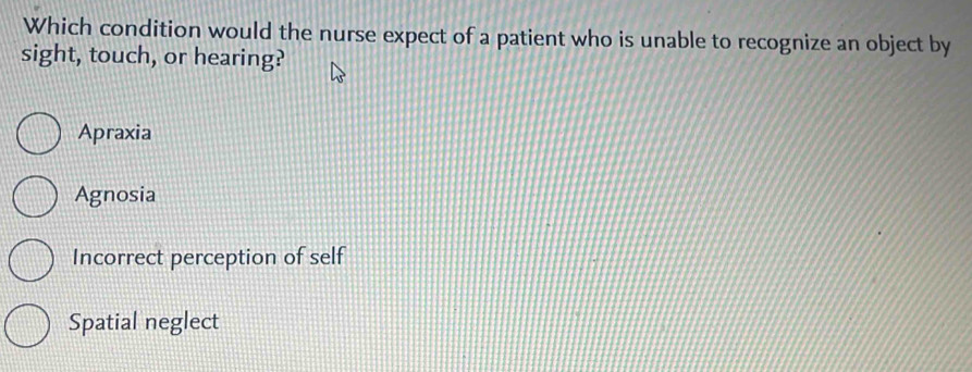 Which condition would the nurse expect of a patient who is unable to recognize an object by
sight, touch, or hearing?
Apraxia
Agnosia
Incorrect perception of self
Spatial neglect