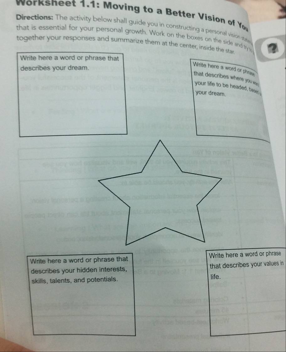 Worksheet 1.1: Moving to a Better Vision of You 
Directions: The activity below shall guide you in constructing a personal vision state 
that is essential for your personal growth. Work on the boxes on the side and try 
together your responses and summarize them at the center, inside the star. 
Write here a word or phrase that 
describes your dream. 
Write here a word or phrase 
that describes where you wa 
your life to be headed, based 
your dream. 
Write here a word or phrase that Write here a word or phrase 
describes your hidden interests, that describes your values in 
skills, talents, and potentials. life.