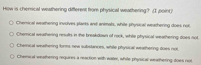 How is chemical weathering different from physical weathering? (1 point)
Chemical weathering involves plants and animals, while physical weathering does not.
Chemical weathering results in the breakdown of rock, while physical weathering does not.
Chemical weathering forms new substances, while physical weathering does not.
Chemical weathering requires a reaction with water, while physical weathering does not.