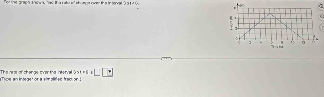 For the graph shown, find the rate of change over the interval 3≤ t<6</tex>.
Q
The rate of change over the interval 3≤ t<6</tex> is □ □
(Type an integer or a simplified fraction.)