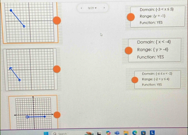 < 9/21 ) Domain:  -3
Range:  y=-1
Function: YES
Domain:  x
Range:  y>-4
Function: YES
Domain:  -6≤ x
Range:  -2
Function: YES
Search