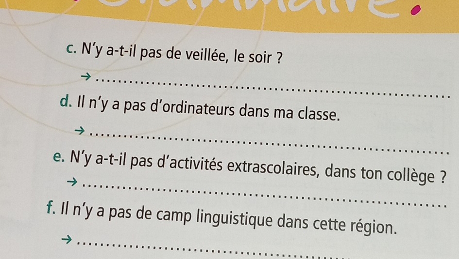 N'y a-t-il pas de veillée, le soir ? 
_ 
d. Il n’y a pas d’ordinateurs dans ma classe. 
_ 
_ 
e. N'y a-t-il pas d'activités extrascolaires, dans ton collège ? 
_ 
f. Il n’y a pas de camp linguistique dans cette région.