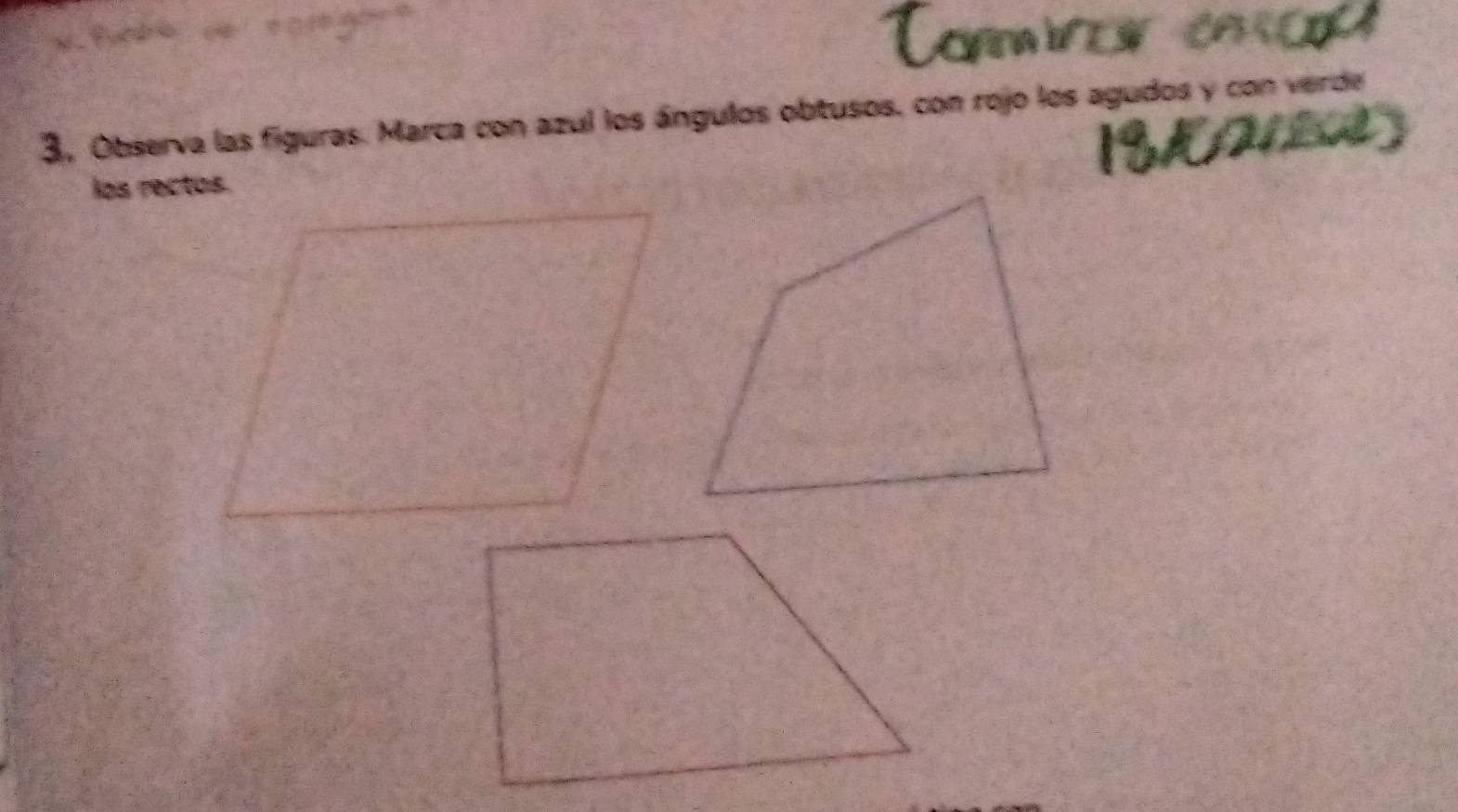 3, Observa las figuras. Marca con azul los ángulos obtusos, con rojo los agudos y con verde 
los rectos.