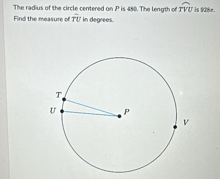 The radius of the circle centered on P is 480. The length of widehat TVU is 928π. 
Find the measure of widehat TU in degrees.