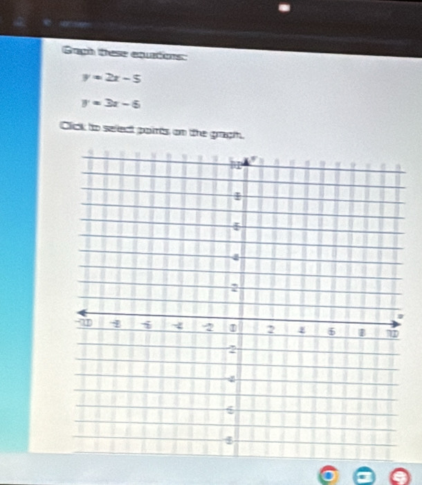 Gagh tese equatons:
y=2x-5
y=3x-6
Click to select poirts on the gragh.