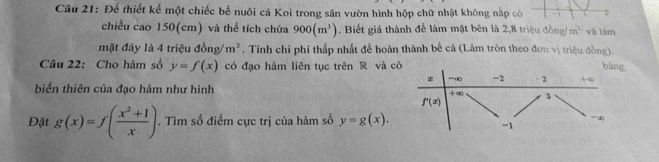 Để thiết kế một chiếc bể nuôi cá Koi trong sân vườn hình hộp chữ nhật không nắp có -1 1
chiều cao 150(cm) và thể tích chứa 900(m^3). Biết giá thành để làm mặt bên là 2,8 triệu đồng/ m^2 và làm
mặt đáy là 4 triệu dong/m^2. Tính chi phí thấp nhất đễ hoàn thành bề cá (Làm tròn theo đơn vị triệu đồng).
Câu 22: Cho hàm số y=f(x) có đạo hàm liên tục trên R và c
biến thiên của đạo hàm như hình 
Đặt g(x)=f( (x^2+1)/x ). Tìm số điểm cực trị của hàm số y=g(x).