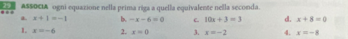 ZE ASSOCIA ogni equazione nella prima riga a quella equivalente nella seconda. 
a. x+1=-1 b. -x-6=0 c. 10x+3=3 d. x+8=0
1. x=-6
2. x=0 3. x=-2 4. x=-8