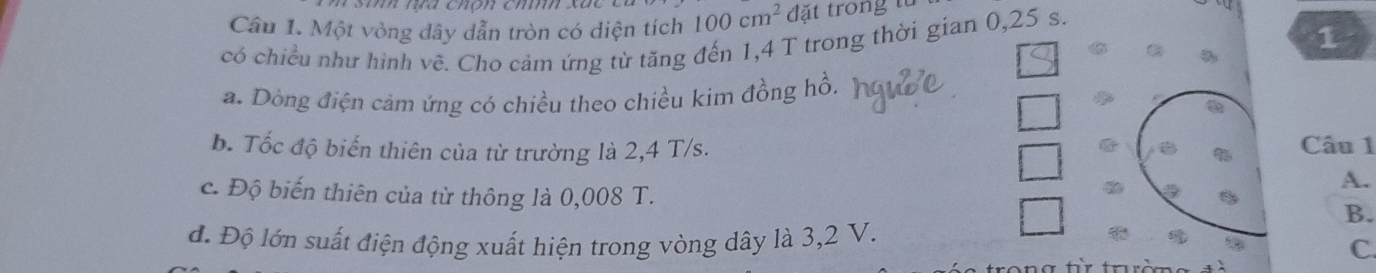 Một vòng dây dẫn tròn có diện tích 100cm^2 đặt trong 
có chiều như hình vê. Cho cảm ứng từ tăng đến 1,4 T trong thời gian 0,25 s.
1
a. Dòng điện cảm ứng có chiều theo chiều kim đồng hồ.
b. Tốc độ biến thiên của từ trường là 2,4 T/s. Câu 1
c. Độ biến thiên của từ thông là 0,008 T.
A.
B.
d. Độ lớn suất điện động xuất hiện trong vòng dây là 3,2 V.
C.