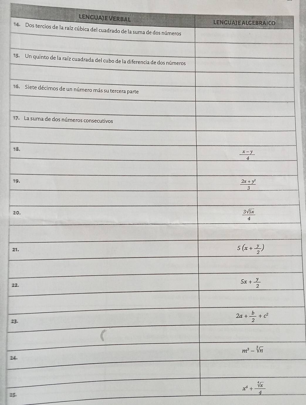 LENGUAJE VERBAL
4
*5.
16.
7.
18.
19.
20.
21.
22.
23.
24.
25.
x^4+ sqrt[4](x)/4 