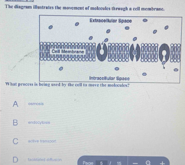 The diagram illustrates the movement of molecules through a cell membrane.
Extracellular Space
Cell Membrane
Intracellular Space
What process is being used by the cell to move the molecules?
A osmosis
B endocytosis
C active transport
facilitated diffusion
Page 5 15