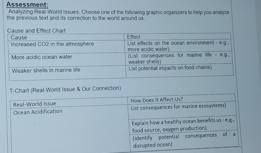 Assessment: 
Analyzing Real-World Issues. Choose one of the following graphic organizers to help you analyze 
the previous text and its correction to the world around us. 
T-Chart (Real-World Issue & Our Connection)