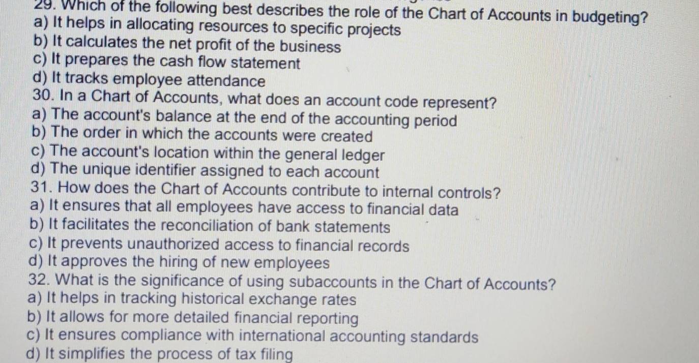 Which of the following best describes the role of the Chart of Accounts in budgeting?
a) It helps in allocating resources to specific projects
b) It calculates the net profit of the business
c) It prepares the cash flow statement
d) It tracks employee attendance
30. In a Chart of Accounts, what does an account code represent?
a) The account's balance at the end of the accounting period
b) The order in which the accounts were created
c) The account's location within the general ledger
d) The unique identifier assigned to each account
31. How does the Chart of Accounts contribute to internal controls?
a) It ensures that all employees have access to financial data
b) It facilitates the reconciliation of bank statements
c) It prevents unauthorized access to financial records
d) It approves the hiring of new employees
32. What is the significance of using subaccounts in the Chart of Accounts?
a) It helps in tracking historical exchange rates
b) It allows for more detailed financial reporting
c) It ensures compliance with international accounting standards
d) It simplifies the process of tax filing