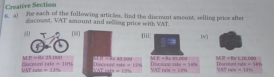 Creative Section 
6. a) For each of the following articles, find the discount amount, selling price after 
discount, VAT amount and selling price with VAT. 
(i) (ii) (iii) iv)
M P=Rs25,000 M.P =Rs 85,000 M.P.=Rs 1,20,000
M.P=Rs40,000
Discount rate =10% Discount rate =15% Discount rate =14% Discount rate =14%
VAT rate =13% VAT rate =13% VAT rate =13% VAT rate =13%