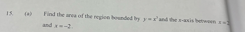 Find the area of the region bounded by y=x^3 and the x-axis between x=2
and x=-2.