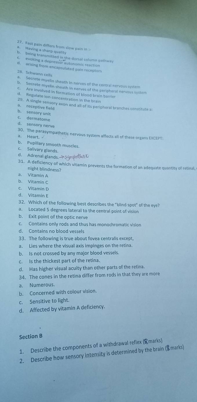 Fast pain differs from slow pain in :-
a. Having a sharp quality
b. being transmitted in the dorsal column pathway
c. evoking a depressor autonomic reaction
d. arising from encapsulated pain receptors
28. Schwann cells
a. Secrete myelin sheath in nerves of the central nervous system
b. Secrete myelin sheath in nerves of the peripheral nervous system
c. Are involved in formation of blood brain barrier
d. Regulate ion concentration in the brain
29. A single sensory axon and all of its peripheral branches constitute a:
a. receptive field
b. sensory unit
c. dermatome
d. sensory nerve
30. The parasympathetic nervous system affects all of these organs EXCEPT:
a. Heart.
b. Pupillary smooth muscles.
c. Salivary glands.
d. Adrenal glands.
31. A deficiency of which vitamin prevents the formation of an adequate quantity of retinal,
night blindness?
a. Vitamin A
b. Vitamin C
c. Vitamin D
d. Vitamin E
32. Which of the following best describes the “blind spot” of the eye?
a. Located 5 degrees lateral to the central point of vision
b. Exit point of the optic nerve
c. Contains only rods and thus has monochromatic vision
d. Contains no blood vessels
33. The following is true about fovea centralis except,
a. Lies where the visual axis impinges on the retina.
b. Is not crossed by any major blood vessels.
c. Is the thickest part of the retina.
d. Has higher visual acuity than other parts of the retina.
34. The cones in the retina differ from rods in that they are more
a. Numerous.
b. Concerned with colour vision.
c. Sensitive to light.
d. Affected by vitamin A deficiency.
Section B
1. Describe the components of a withdrawal reflex (&marks)
2. Describe how sensory intensity is determined by the brain (§marks)