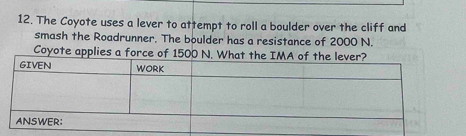 The Coyote uses a lever to attempt to roll a boulder over the cliff and 
smash the Roadrunner. The boulder has a resistance of 2000 N. 
Coyote applies a