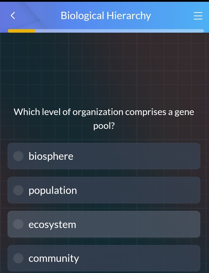 Biological Hierarchy
Which level of organization comprises a gene
pool?
biosphere
population
ecosystem
community