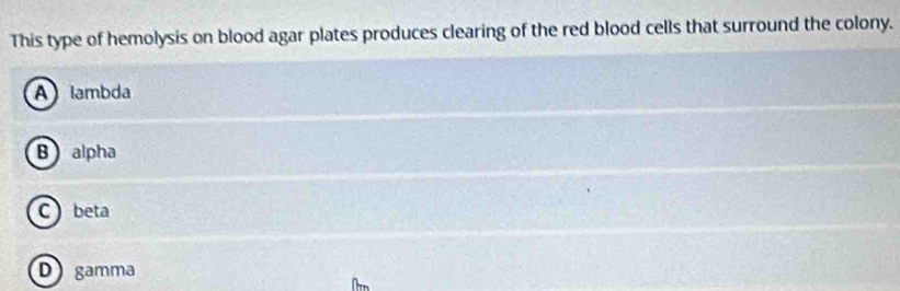 This type of hemolysis on blood agar plates produces clearing of the red blood cells that surround the colony.
A lambda
B alpha
C beta
D gamma