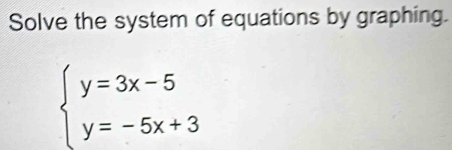 Solve the system of equations by graphing.
beginarrayl y=3x-5 y=-5x+3endarray.