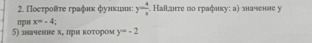 Πосτрοйτе график фунκции: y= 4/x  , Найднτе по графику: а) значение у 
прн x=-4; 
5) значение хδ лриαкотором y=-2