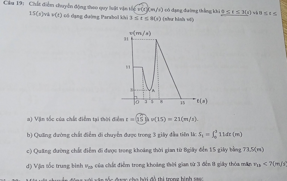 Chất điểm chuyển động theo quy luật vận tốc 1 v(t)(m/s) ) có dạng đường thẳng khi 0≤ t≤ 3(s) và 8≤ t≤
15(s) và v(t) có dạng đường Parabol khi 3≤ t≤ 8(s) (như hình ve)
a) Vận tốc của chất điểm tại thời điểm t=15lav(15)=21(m/s).
b) Quãng đường chất điểm di chuyển được trong 3 giây đầu tiên là: S_1=∈t _0^(311dt(m)
c) Quãng đường chất điểm đi được trong khoảng thời gian từ 8giây đến 15 giây bằng 73,5(m)
d) Vận tốc trung bình v_tb) của chất điểm trong khoảng thời gian từ 3 đến 8 giây thỏa mãn v_tb<7(m/s)
vâ n tốc được cho bởi đồ thi trong hình sau: