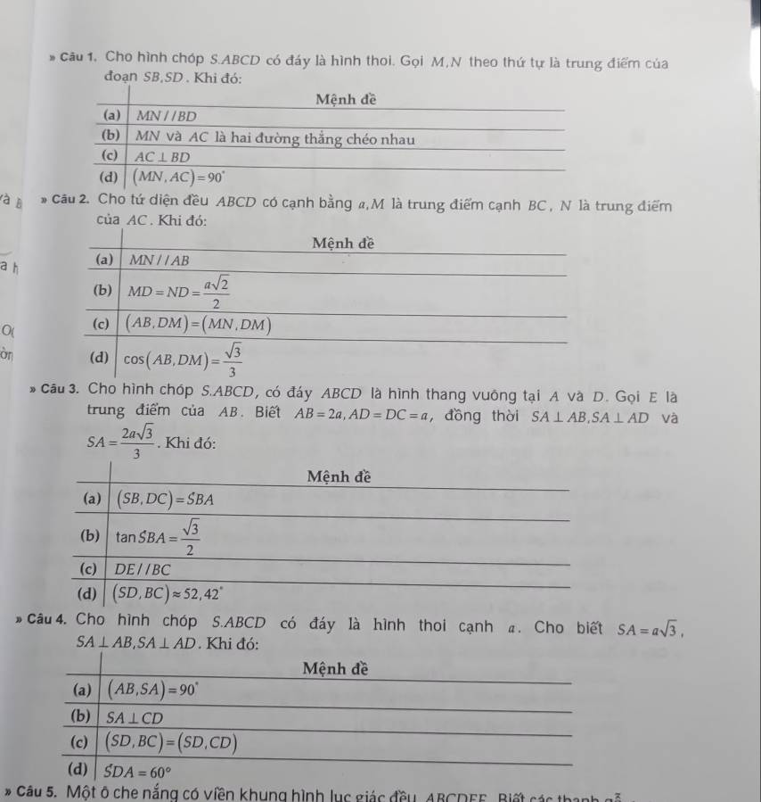 Câu 1, Cho hình chóp S.ABCD có đáy là hình thoi. Gọi M,N theo thứ tự là trung điểm của
đoạn SB.SD . Khi đó:
à B * Câu 2. Cho tứ diện đều ABCD có cạnh bằng ,M là trung điểm cạnh BC , N là trung điểm
của AC . Khi đó:
a
0(
or
*Câu 3. Cho hình chóp S.ABCD, có đáy ABCD là hình thang vuông tại A và D. Gọi E là
trung điểm của AB. Biết AB=2a,AD=DC=a , đồng thời SA⊥ AB,SA⊥ AD và
SA= 2asqrt(3)/3 . Khi đó:
* Câu 4. Cho hình chóp S.ABCD có đáy là hình thoi cạnh a. Cho biết SA=asqrt(3),
SA⊥ AB,SA⊥ AD. Khi đó:
* Câu 5. Một ô che nắng có viền khung hình lục giác đều ABCDEE, Biết các t