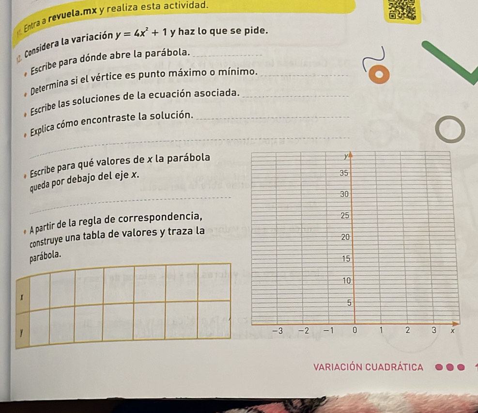 Entra a revuela.mx y realiza esta actividad. 
Considera la variación y=4x^2+1 y haz lo que se pide. 
* Escribe para dónde abre la parábola._ 
Determina si el vértice es punto máximo o mínimo. 
* Escribe las soluciones de la ecuación asociada._ 
_ 
Explica cómo encontraste la solución.__ 
Escribe para qué valores de x la parábola 
_ 
queda por debajo del eje x. 
A partir de la regla de correspondencia, 
construye una tabla de valores y traza la 
parábola.
x
y
Variación Cuadrática