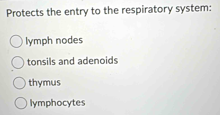 Protects the entry to the respiratory system:
lymph nodes
tonsils and adenoids
thymus
lymphocytes