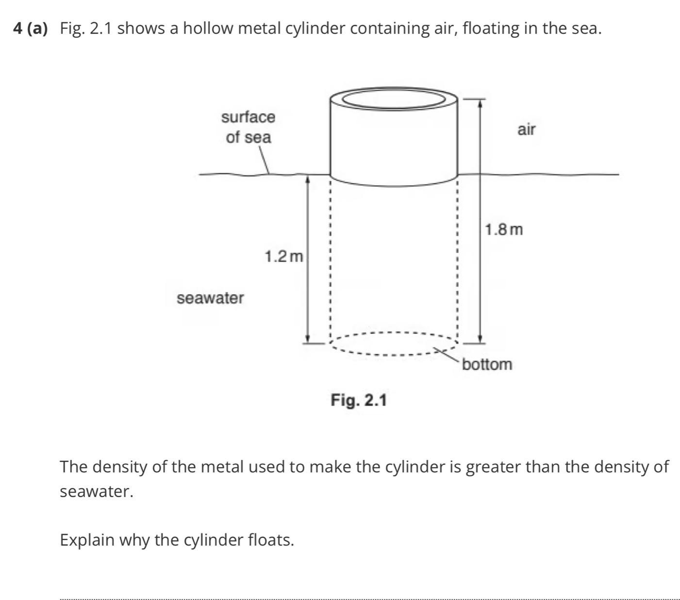 4 (a) Fig. 2.1 shows a hollow metal cylinder containing air, floating in the sea. 
The density of the metal used to make the cylinder is greater than the density of 
seawater. 
Explain why the cylinder floats.