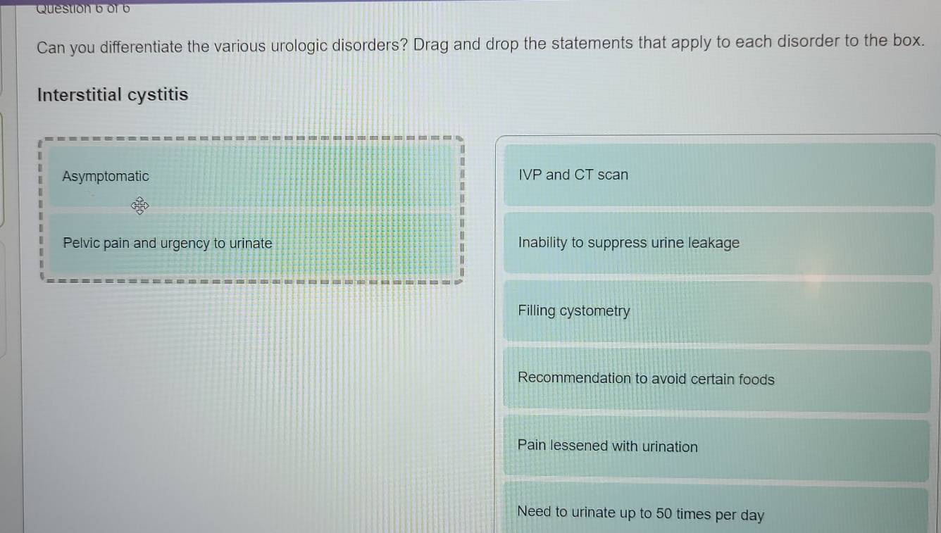 Can you differentiate the various urologic disorders? Drag and drop the statements that apply to each disorder to the box.
Interstitial cystitis
Asymptomatic IVP and CT scan
Pelvic pain and urgency to urinate Inability to suppress urine leakage
Filling cystometry
Recommendation to avoid certain foods
Pain lessened with urination
Need to urinate up to 50 times per day