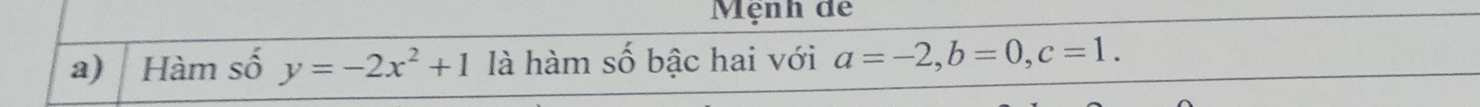 Mệnh de 
a) Hàm số y=-2x^2+1 là hàm số bậc hai với a=-2, b=0, c=1.