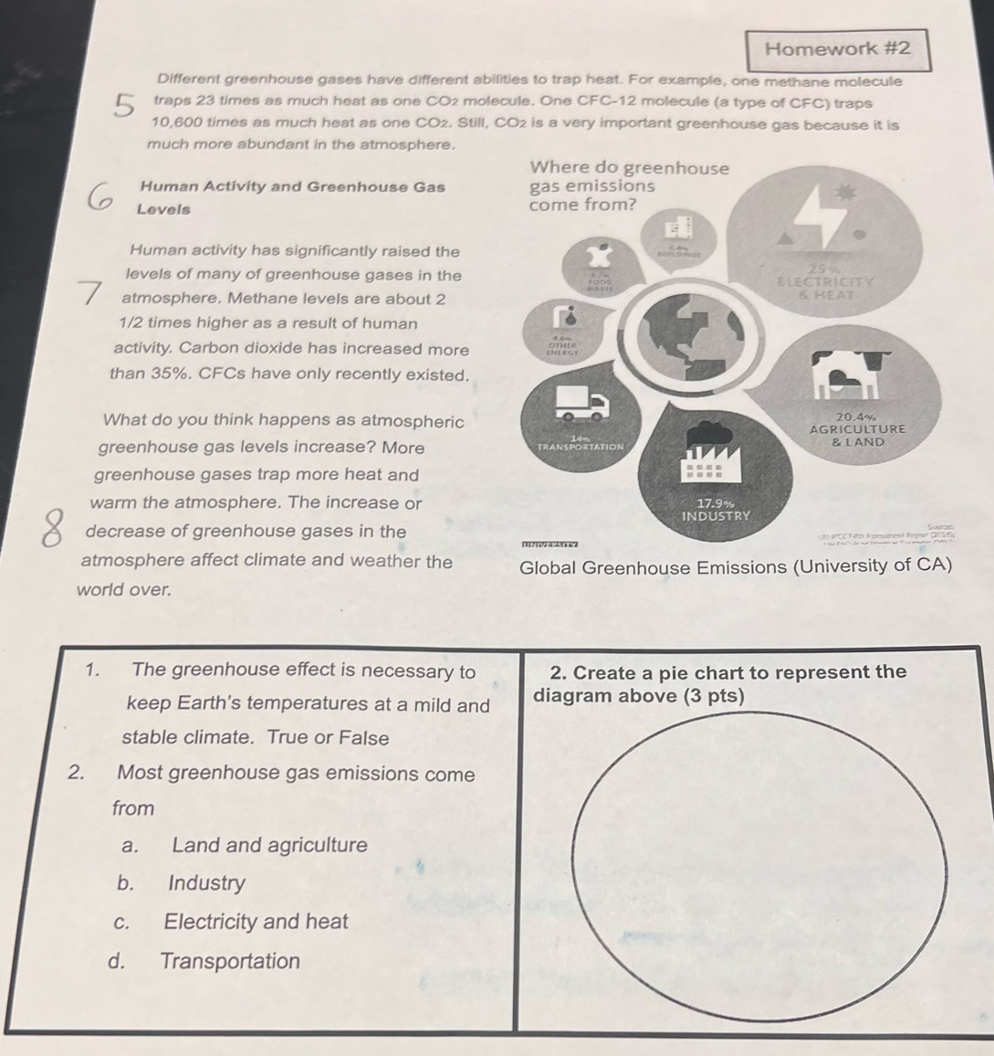 Homework #2
Different greenhouse gases have different abilities to trap heat. For example, one methane molecule
traps 23 times as much heat as one CO2 molecule. One CFC-12 molecule (a type of CFC) traps
10,600 times as much heat as one CO2. Still, CO2 is a very important greenhouse gas because it is
much more abundant in the atmosphere.
Human Activity and Greenhouse Gas 
Levels 
Human activity has significantly raised the
levels of many of greenhouse gases in the 
atmosphere. Methane levels are about 2
1/2 times higher as a result of human
activity. Carbon dioxide has increased more
than 35%. CFCs have only recently existed.
What do you think happens as atmospheric 
greenhouse gas levels increase? More 
greenhouse gases trap more heat and
warm the atmosphere. The increase or
decrease of greenhouse gases in the
atmosphere affect climate and weather the Global Greenhouse Emissions (University of CA)
world over.
1. The greenhouse effect is necessary to 2. Create a pie chart to represent the
keep Earth's temperatures at a mild and diagram above (3 pts)
stable climate. True or False
2. Most greenhouse gas emissions come
from
a. Land and agriculture
b. Industry
c. Electricity and heat
d. Transportation