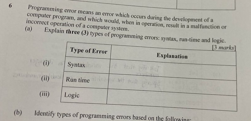 6 . Programming error means an error which occurs during the development of a 
computer program, and which would, when in operation, result in a malfunction or 
incorrect operation of a computer system. 
(a) Explain three (3) types of programming errors: syn 
(i 
(i 
(ii 
(b) Identify types of programming errors based on the following: