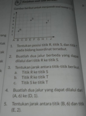 Kerjakan soal-soal Be r kat 
3.
Gambar berikut untuk menjawab soal nomor 1-1 
ang 
tak 1. Tentukan posisi titik R, titik S, dan titik
ak pada bidang koordinat tersebut.
2. Buatlah dua jalur berbeda yang dapa
ak dilalui dari titik R ke titik S.
3. Tentukan jarak antara titik-titik beriku
k a. Titik R ke titik S
b. Titik R ke titik T
c. Titik S ke titik T
4. Buatlah dua jalur yang dapat dilalui dar
(A,6) ke (D,1). 
5. Tentukan jarak antara titik (B,6) dan titik
(E,2).