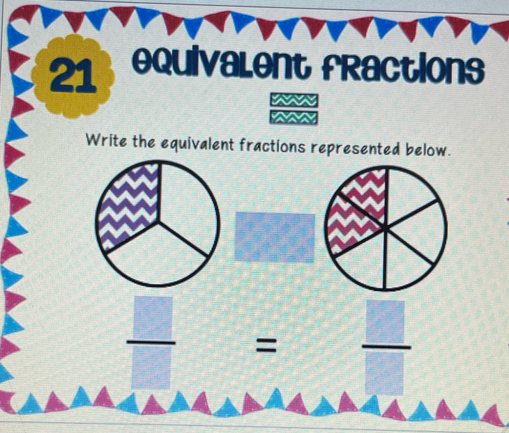 equivalent fRactions 
Write the equivalent fractions represented below.
 □ /□   =  □ /□  