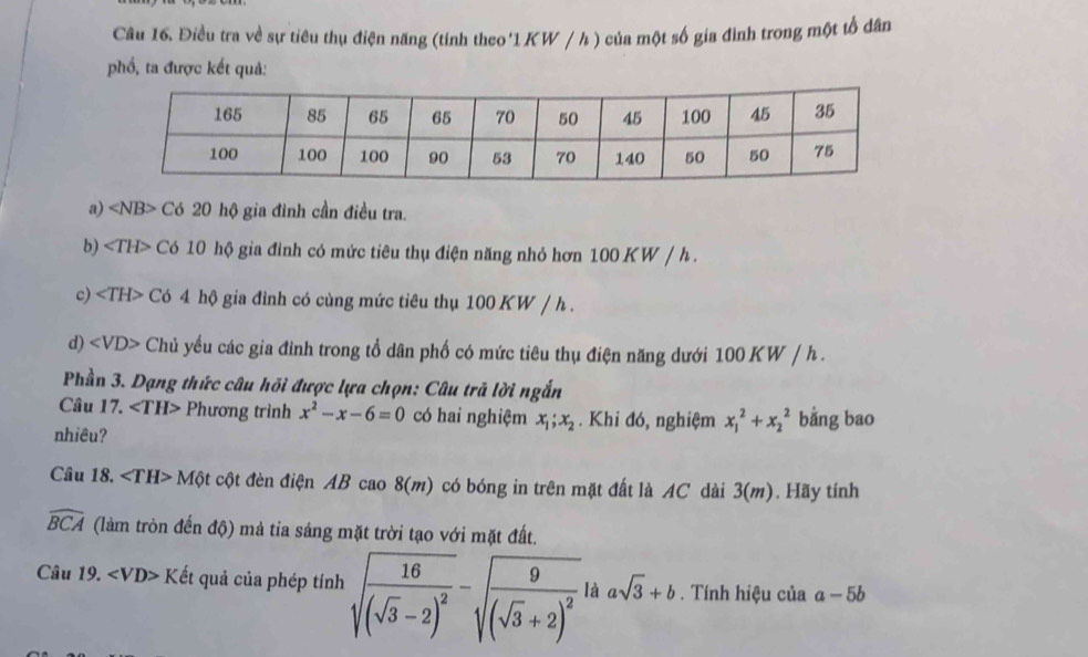 Điều tra về sự tiêu thụ điện năng (tính theo ' 1KW / h ) của một số gia đình trong một tổ dân 
phố, ta được kết quả: 
a) Có 20 hộ gia đình cần điều tra. 
b) Có 10 hộ gia đình có mức tiêu thụ điện năng nhỏ hơn 100 KW / h. 
c) ∠ TH> Có 4 hộ gia đình có cùng mức tiêu thụ 100 KW / h. 
d) - Chủ yếu các gia đình trong tổ dân phố có mức tiêu thụ điện năng dưới 100 KW / h. 
Phần 3. Dạng thức câu hỏi được lựa chọn: Câu trả lời ngắn 
Câu 17. ∠ TH> Phương trình x^2-x-6=0 có hai nghiệm x_1;x_2. Khi đó, nghiệm x_1^(2+x_2^2 bằng bao 
nhiêu? 
Câu 18. ∠ TH>Mphi t cột đèn điện AB cao 8(m) có bóng in trên mặt đất là AC dài 3(m). Hãy tính
widehat BCA) (làm tròn đến độ) mả tia sáng mặt trời tạo với mặt đất. 
Câu 19. Kvarepsilon ết quả của phép tính sqrt(frac 16)(sqrt(3)-2)^2-sqrt(frac 9)(sqrt(3)+2)^2 là asqrt(3)+b. Tính hiệu của a-5b
□ 