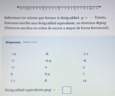 Seleccione los valores que forman la desigualdad p>-7 cierto. 
Entonces escribe una desigualdad equivalente, en términos depag 
(Números escritos en orden de menor a mayor de forma horizontal) . 
Respuesta Intento 1 de 2
-12 -8 -7.1
-7 -6.9 -6
-2 O 2
6 6.9 7
7.1 8 12
Desigualdad equivalente:pɑg vee □