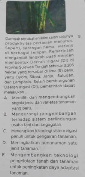 Dampak perubahan iklim salah satunya 9.
produktivitas pertanian menurun.
Seperti, serangan hama wareng
di berbagai tempat. Pemerintah
mengambil langkah pasti dengan
membentuk Daerah Irigasi (DI) di
Provinsi Sulawesi Tengah sebesar 3.286
hektar yang tersebar di lima (5) desa,
yaitu Oyom, Sibea, Janja, Salugan,
dan Lampasio. Selain pembangunan
Daerah Irigasi (DI), pemerintah dapat
melakukan ....
A. Memilih dan mengembangkan
segala jenis dan varietas tanaman
yang baru.
B. Mengurangi pengembangan
terhadap sistem perlindungan
usaha tani dari kegagalan.
C. Menerapkan teknologi sistem irigasi
penuh untuk pengairan tanaman.
D. Meningkatkan penanaman satu
jenis tanaman.
E. Mengembangkan teknologi
pengelolaan tanah dan tanaman
untuk peningkatan daya adaptasi
tanaman.